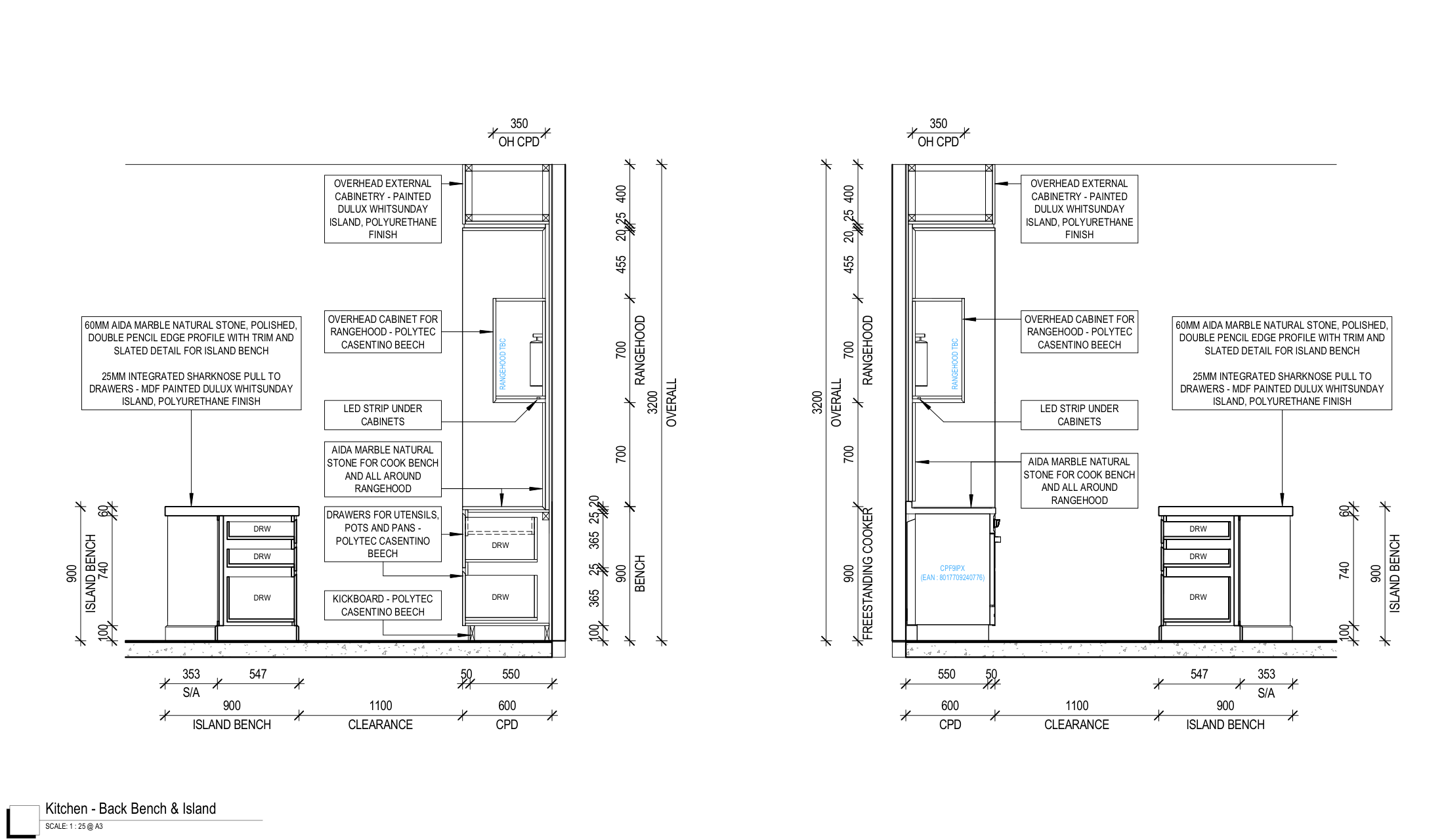 Sections through the kitchen back bench and island, with benchtop edges, cabinet depths, drawers and joinery annotations.